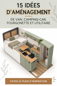Aménagement confortable d'un van avec des éléments pratiques et chaleureux.