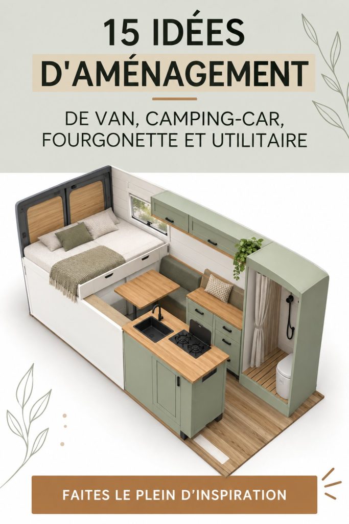 Aménagement confortable d'un van avec des éléments pratiques et chaleureux.