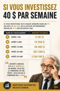 Une femme souriante consultant son application d'investissement avec un smartphone en main, représentant l'idée d'investir 40$ par semaine.