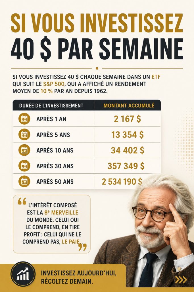 Une femme souriante consultant son application d'investissement avec un smartphone en main, représentant l'idée d'investir 40$ par semaine.