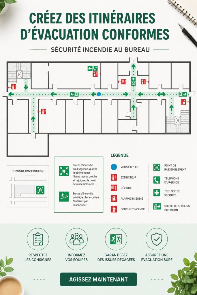 Une affiche d'itinéraire d'évacuation incendie dans un bureau bien éclairé.