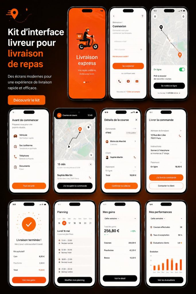 Kit UI pour services de livraison rapide, présentant une interface moderne et intuitive.