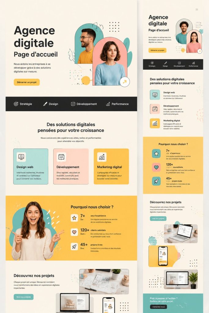 Illustration d'une landing page conçue pour une agence digitale, avec des éléments modernes et attrayants