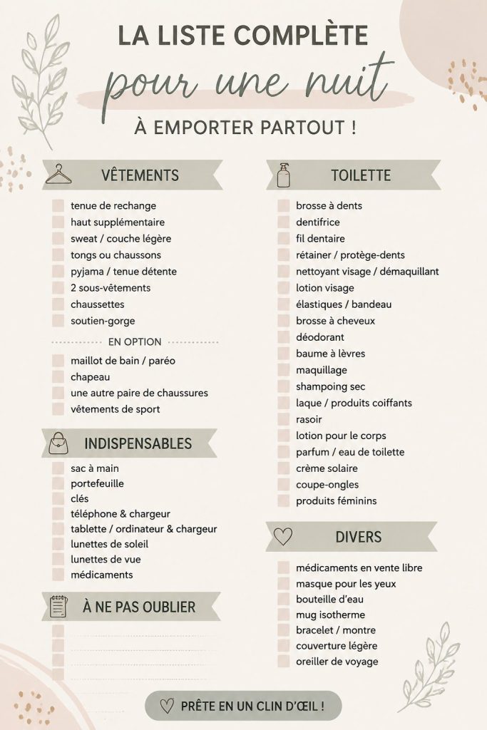 Un bagage soigneusement organisé pour une nuit de voyage, mettant en avant une checklist pratique.