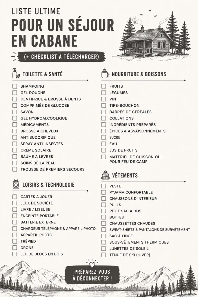 Une famille en pleine préparation de leur liste de packing pour un voyage en cabin, entourée de bagages et d'objets essentiels.