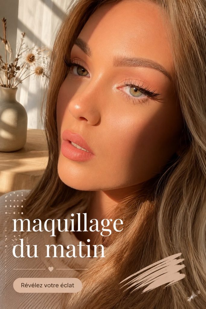 Illustration d'une routine de maquillage coréen pour le matin, montrant des produits et techniques variés.