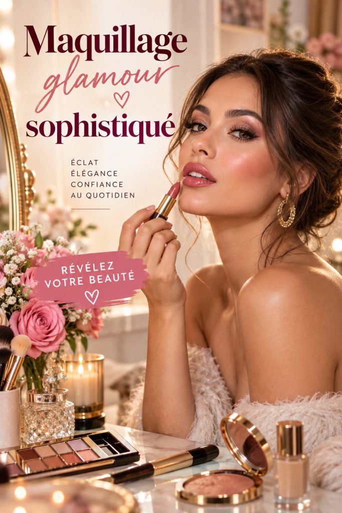 Maquillage glamour sophistiqué mettant en valeur des yeux et des lèvres éclatants.