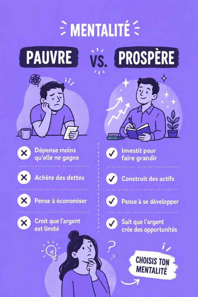 Illustration symbolisant le passage d'une mentalité financière pauvre à prospère.