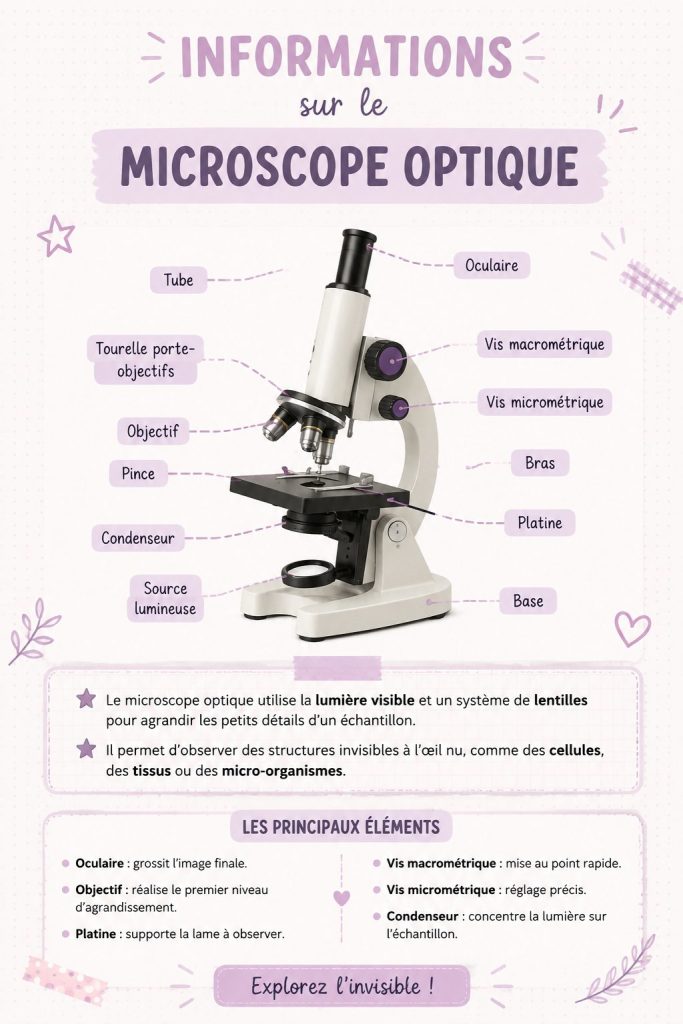 Photographie d'un microscope optique sur un bureau d'études, prêt à être utilisé.