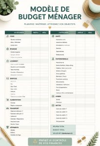 Modèle de budget ménager sur un bureau avec une calculatrice et un carnet.