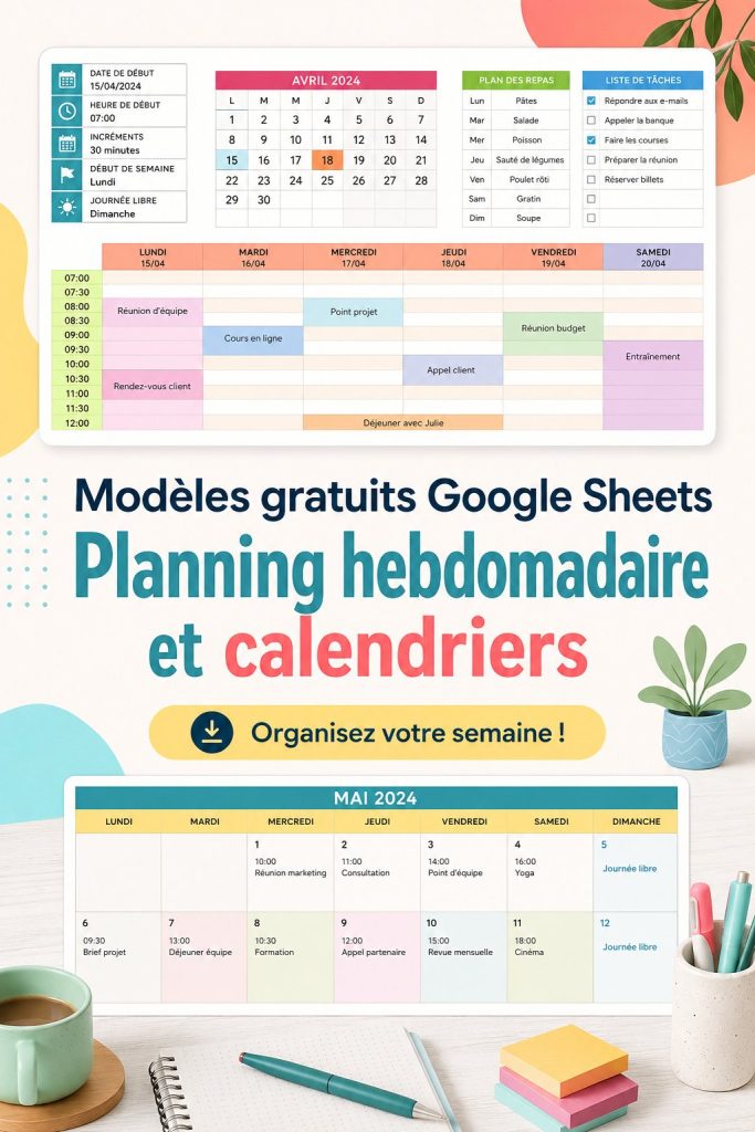 Un modèle de calendrier hebdomadaire sur Google Sheets avec des cases colorées pour la planification.