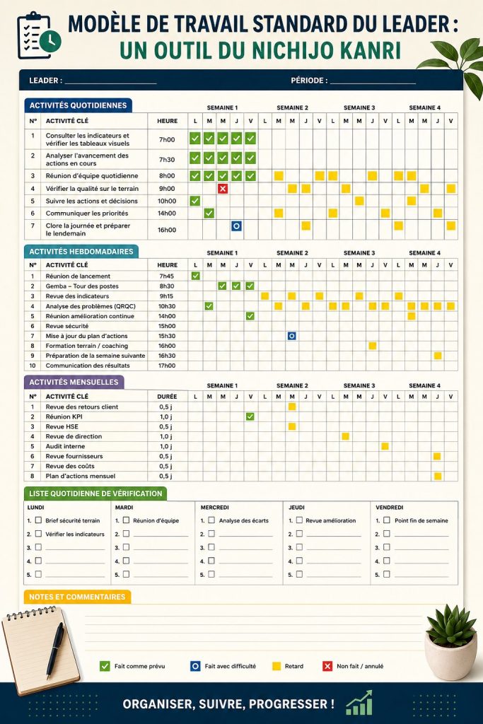 Un leader présente un modèle de travail standard à son équipe. Illustration de la méthode dans un environnement professionnel.