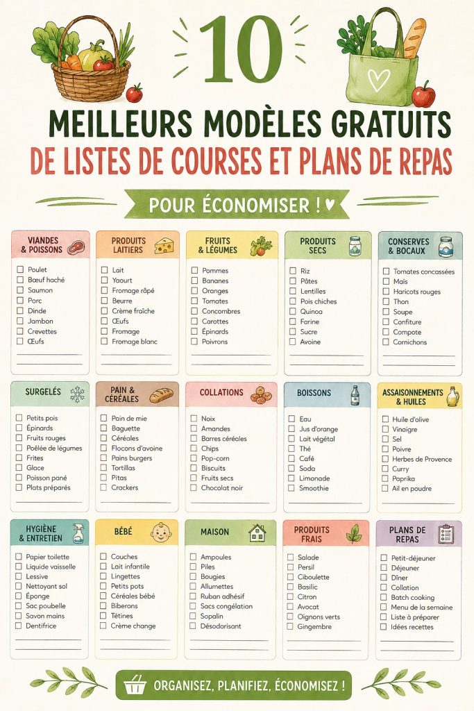 Modèles de listes de courses et de plans de repas pour une gestion efficace du budget familial.