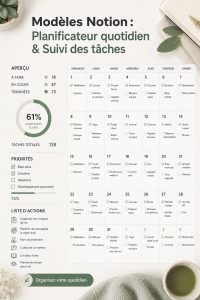 Une capture d'écran d'un modèle Notion avec un planner quotidien et un tracker de tâches