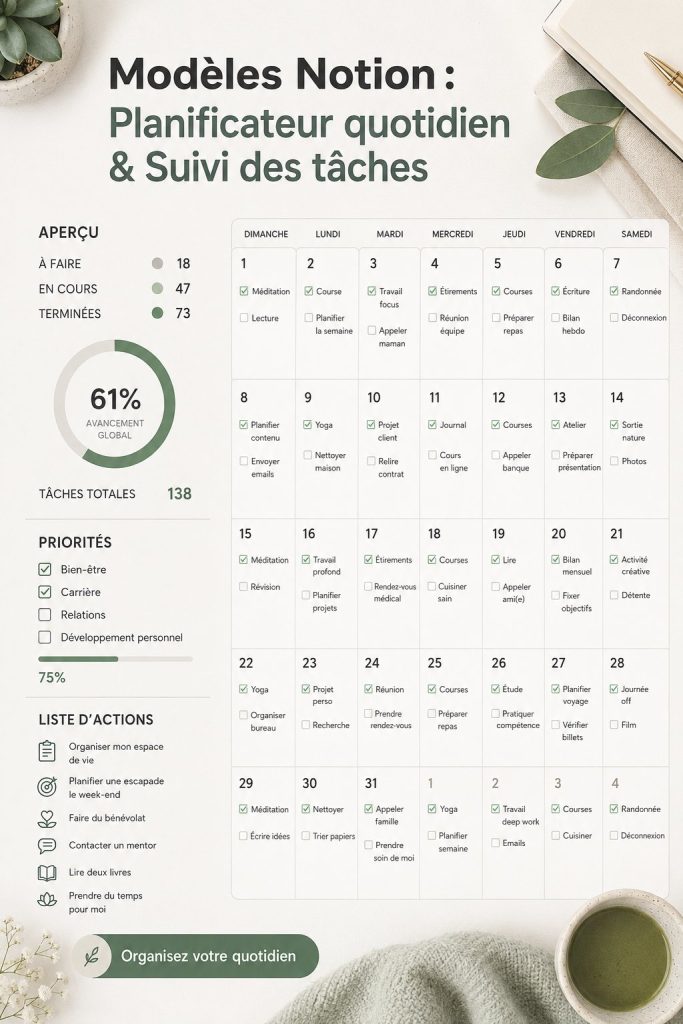 Une capture d'écran d'un modèle Notion avec un planner quotidien et un tracker de tâches