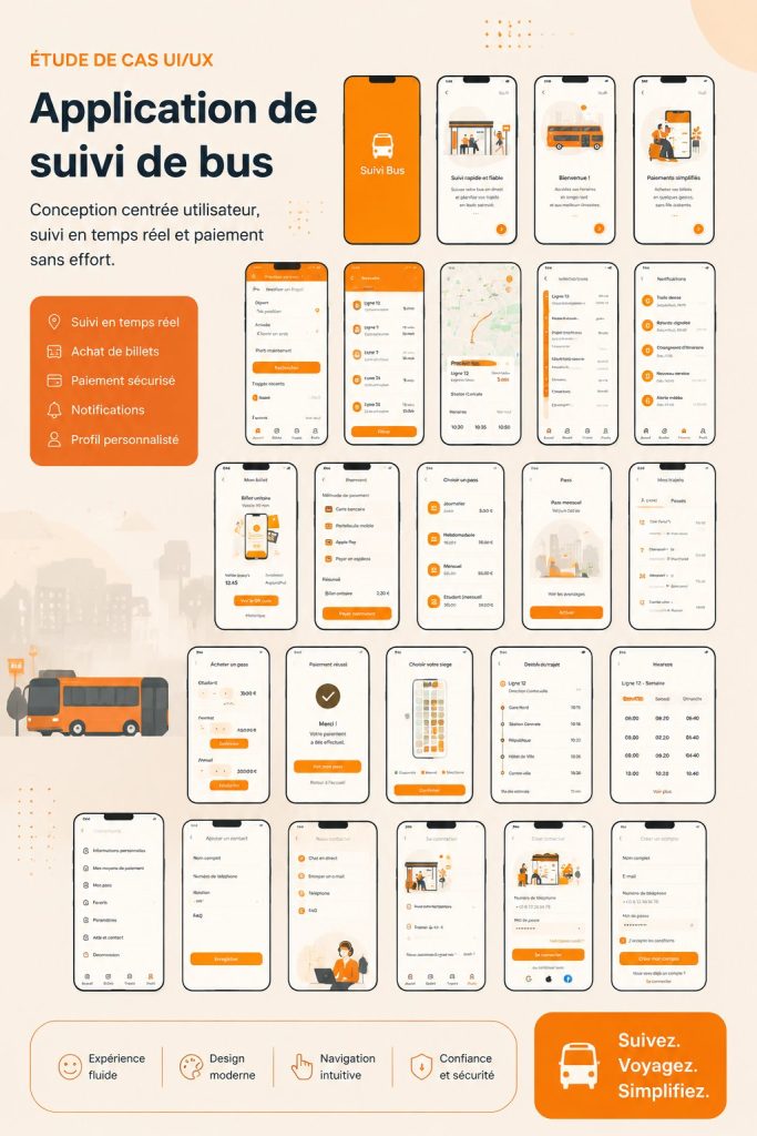 Capture d'écran d'une application de transport montrant le suivi en direct des bus.