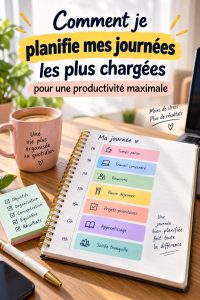 Femme en train de planifier sa journée avec un calendrier numérique, illustrant le concept de time-blocking.