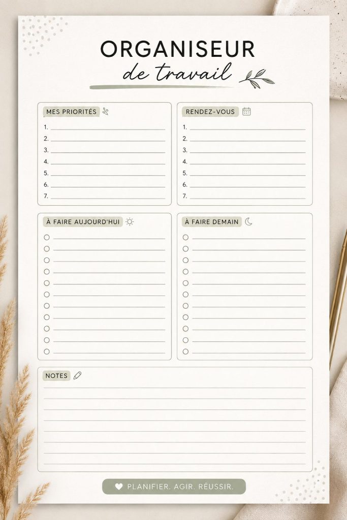 Un bureau bien organisé avec un planner ouvert, divers outils de travail et une tasse de café.