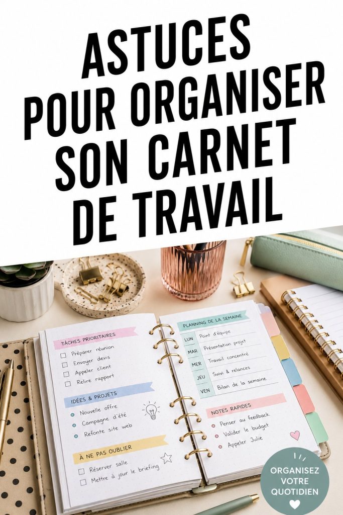 Une femme feuilletant un carnet de travail organisé avec des notes et des surligneurs.