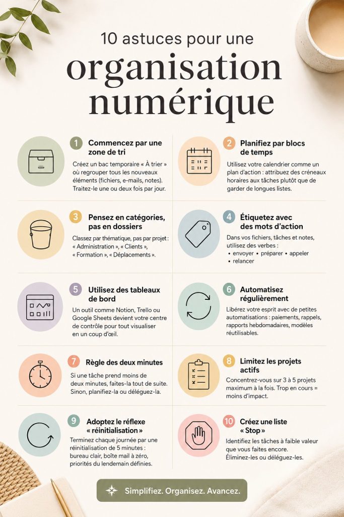 Image illustrant des astuces d'organisation digitale sous forme de liste