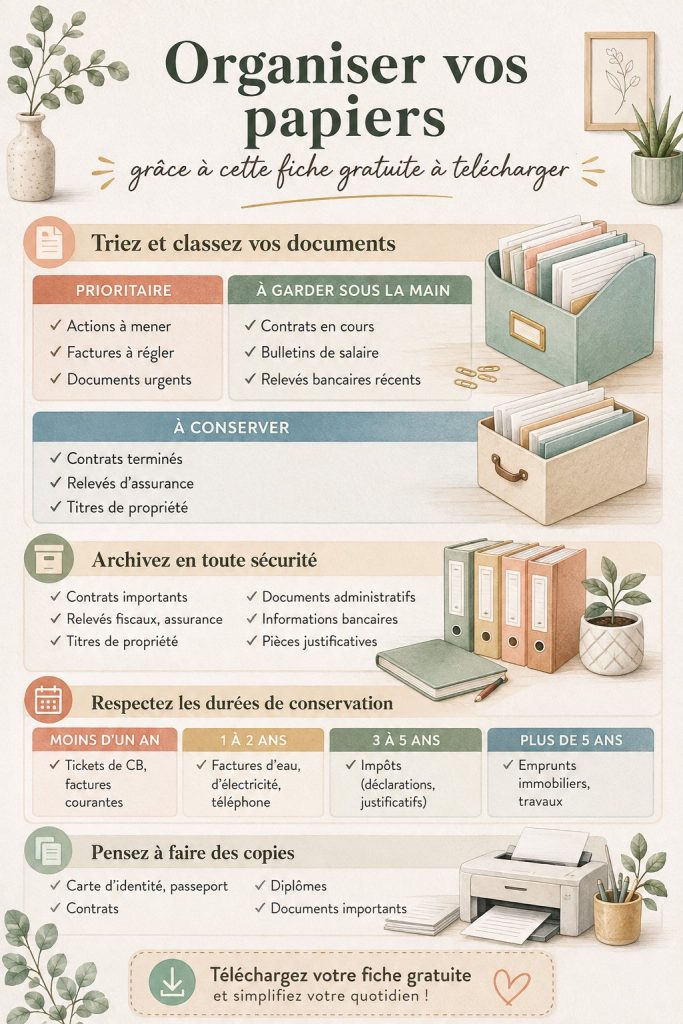 Fiche gratuite pour organiser vos papiers, sur un bureau bien rangé