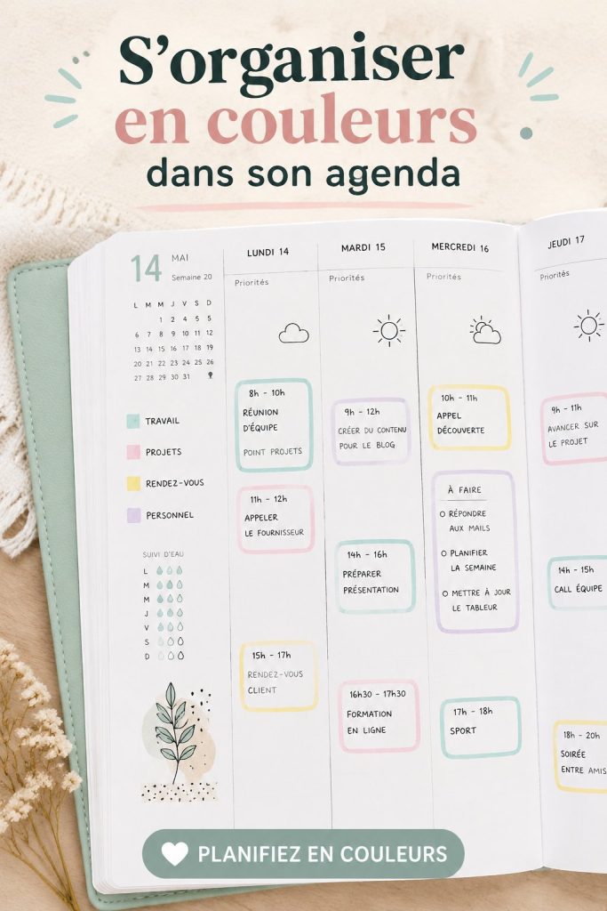 Agenda coloré ouvert sur une table, illustrant l'organisation par couleurs.