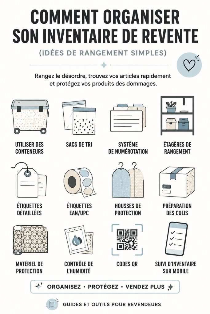 Rangement pratique et organisé de produits pour la revente dans un espace de travail lumineux.