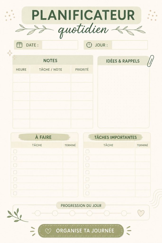 Un planner quotidien coloré sur un bureau, avec des stylos et des notes.