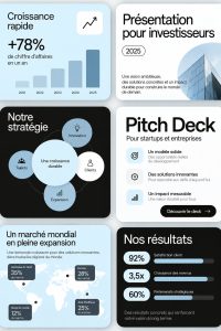Exemple de pitch deck créé avec Canva montrant des graphiques et des photos.