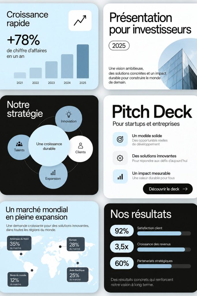 Exemple de pitch deck créé avec Canva montrant des graphiques et des photos.