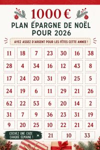 Une femme souriante regardant une liste d'épargne pour Noël avec décorations festives en arrière-plan.