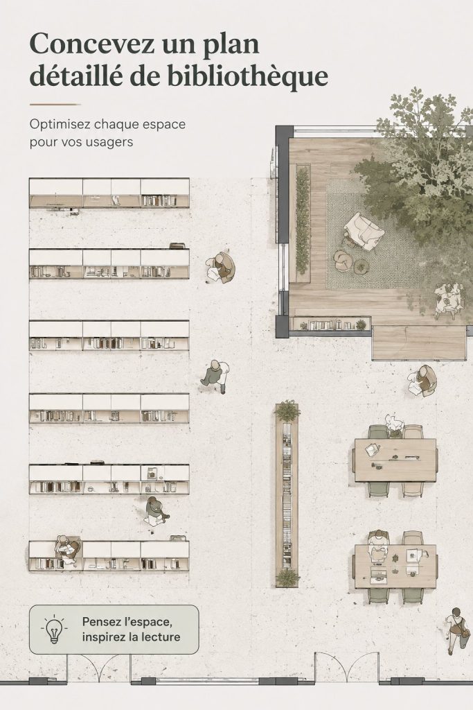 Un plan d'étage de bibliothèque détaillé avec différents espaces de lecture et de rangement.