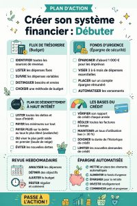 Femme souriante réfléchissant à son budget avec des outils financiers en arrière-plan.