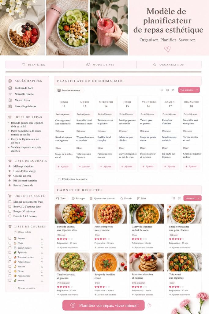 Plan de repas esthétique avec des plats colorés et sains