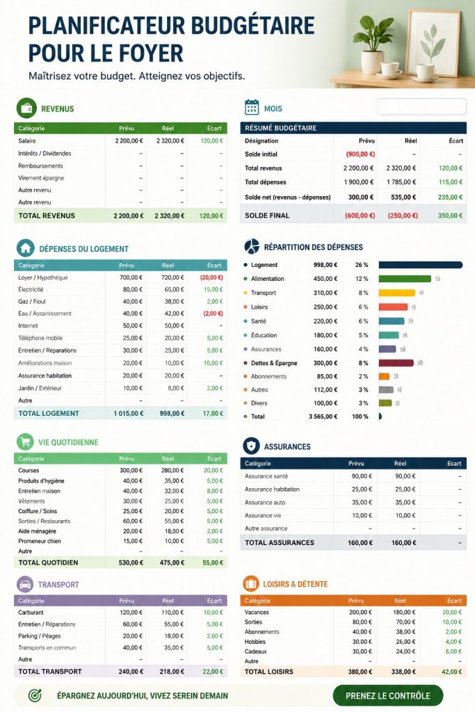 Modèle de planificateur de budget familial sur Excel avec des graphiques et des tableaux.