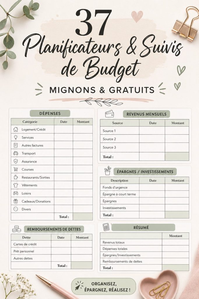 Un ensemble de planificateurs de budget à imprimer avec des designs colorés et attrayants.