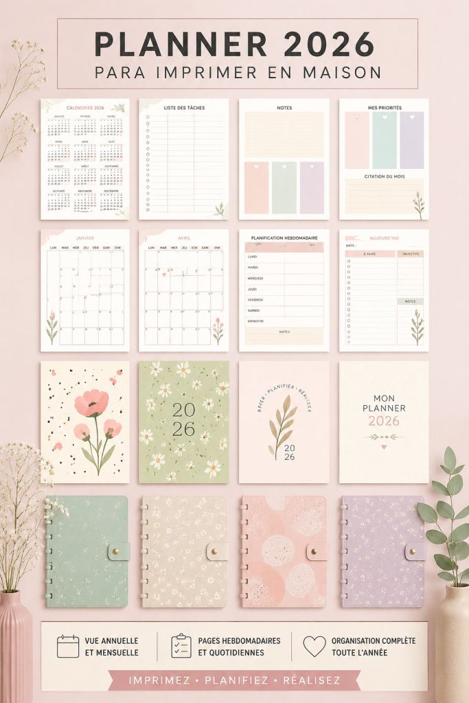Image d'un planner 2026 imprimable avec une organisation claire et colorée.
