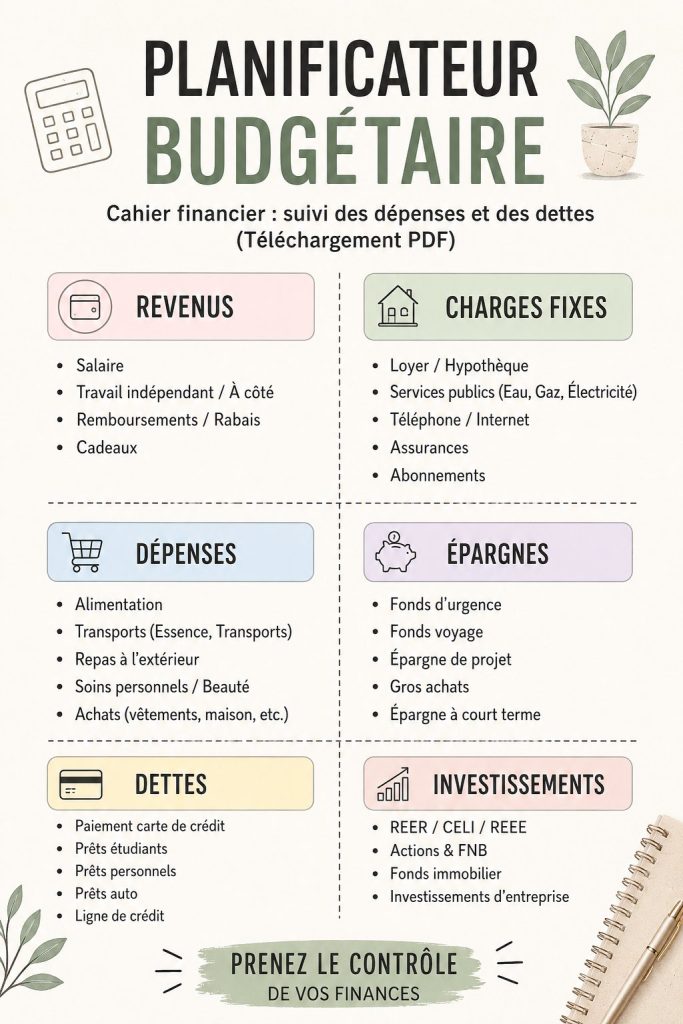 Un planner budget imprimable sur une table, prêt à être utilisé pour mieux gérer les finances personnelles.
