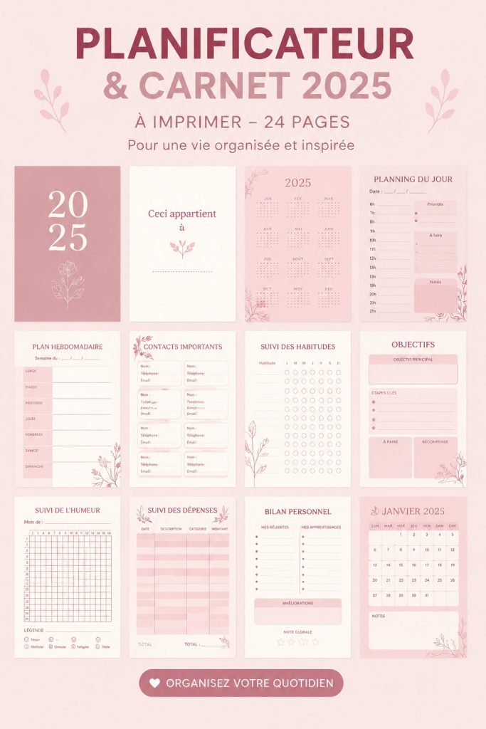 Planner floral 2025 avec des motifs de fleurs colorées sur fond clair.