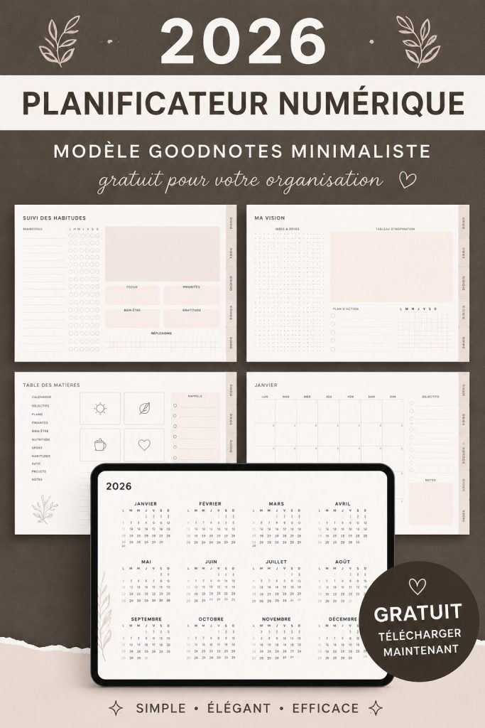 Image d'un planner numérique minimaliste 2026 sur un bureau moderne