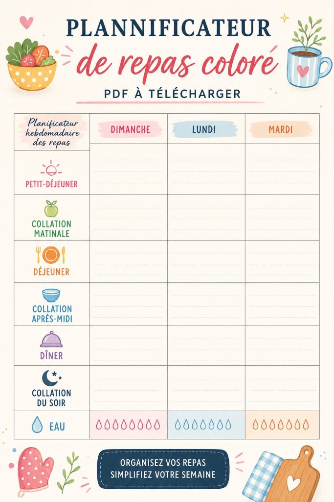 Un planner de repas coloré à imprimer sur un bureau, avec des aliments frais autour