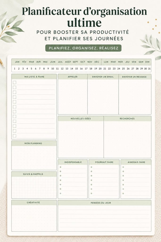 Un planner ouvert sur une table avec des stylos, symbolisant l'organisation quotidienne.
