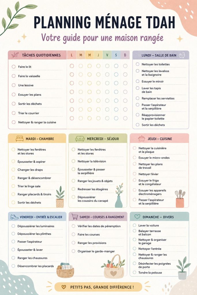 Planning de ménage sur un bureau avec des outils organisationnels, illustrant la gestion du TDAH.