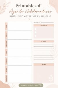 Un agenda hebdomadaire imprimable sur une table avec des stylos colorés.