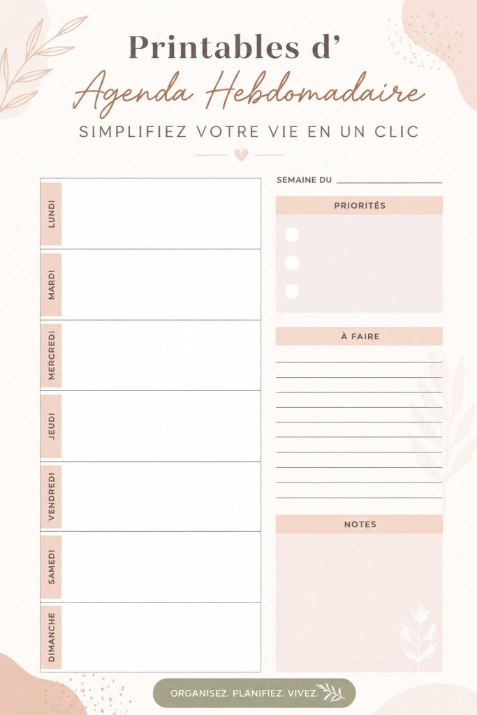 Un agenda hebdomadaire imprimable sur une table avec des stylos colorés.