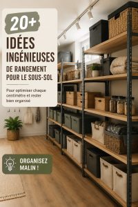 Un sous-sol optimisé avec des étagères et du rangement pratique, montrant des idées de rangement modernes.