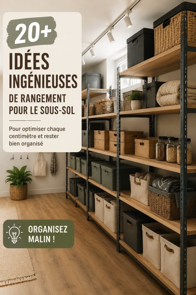 Un sous-sol optimisé avec des étagères et du rangement pratique, montrant des idées de rangement modernes.