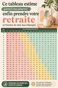 Un graphique illustrant l'âge de la retraite selon le taux d'épargne et la gestion du budget familial.