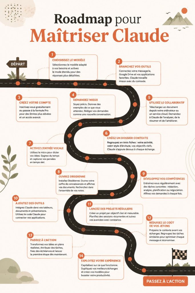 Illustration d'une roadmap pour maîtriser Claude avec des étapes et des ressources