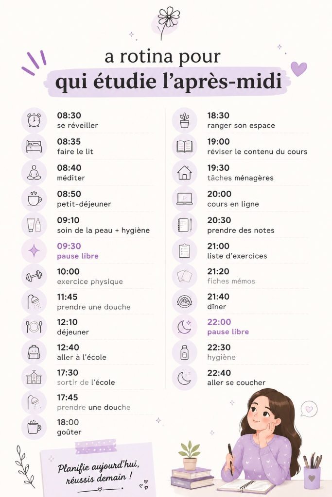 Femme en train d'étudier l'après-midi dans un environnement calme et organisé.